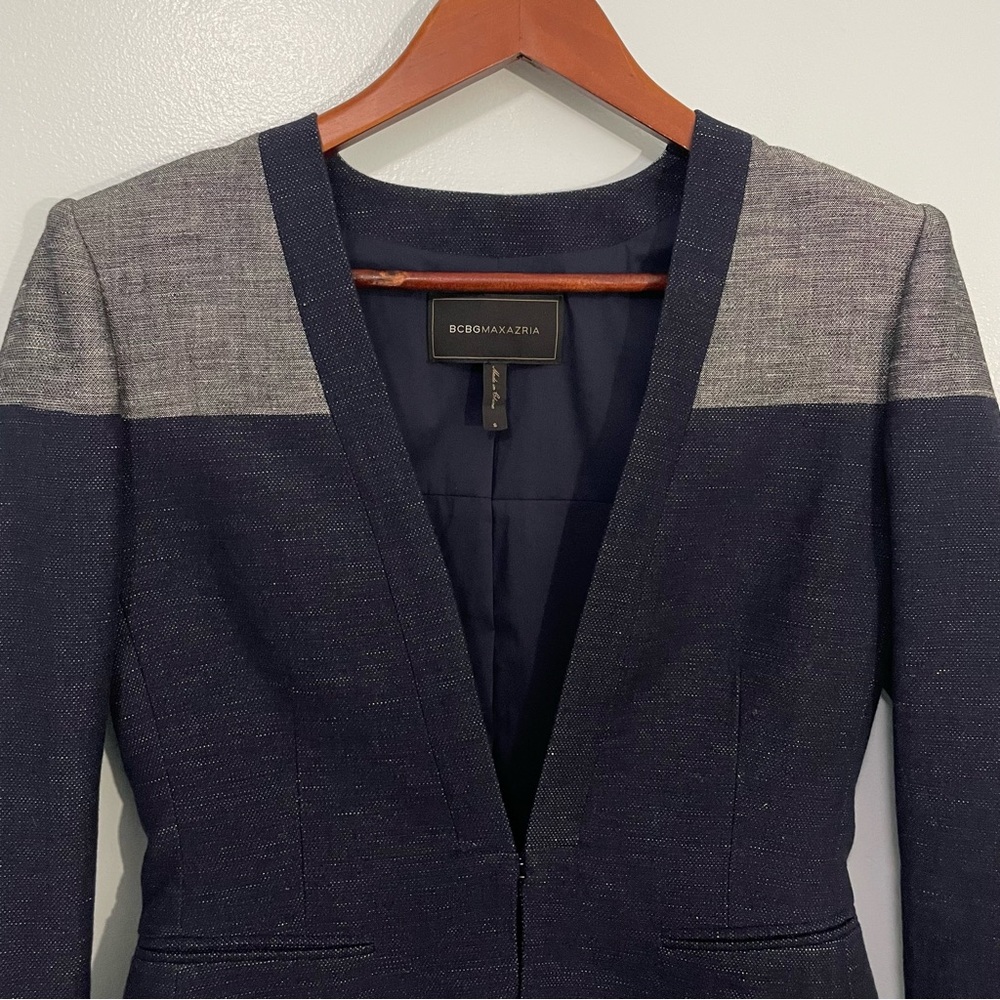 BCBGMaxAzria Blue and Gray Color-Block Linen Cotton Blazer S - Picture 4 of 14